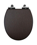 Premium White Wooden Toilet Seat Cover With Smooth Ride Soft Close Hinge And Polished PVC Veneer Shell top view, elongated shape, dark wood finish.