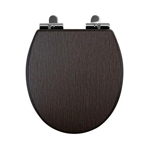 Premium White Wooden Toilet Seat Cover With Smooth Ride Soft Close Hinge And Polished PVC Veneer Shell top view, elongated shape, dark wood finish.
