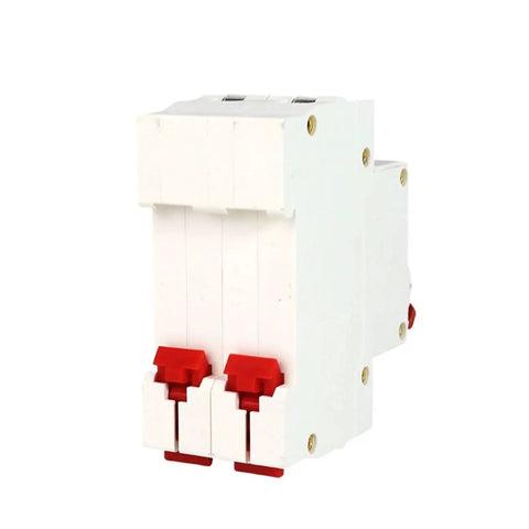 Rock Solid 2P DC Solar Circuit Breaker 1000V Rated Featuring Kickass Overload And Short Circuit Protection For Off Grid Homes And RV Systems No Sweat Installation Guaranteed Smooth Running - side view of dual pole safety switch with red toggles