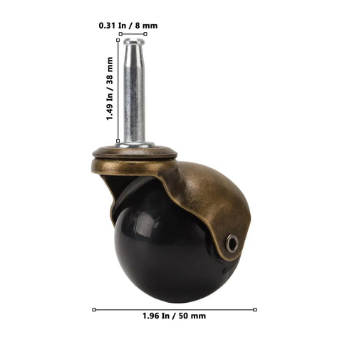 Close-up of a 16 Pack Ball Caster Wheels 2 Inch Antique Brass Swivel Casters For Furniture, bolt stem and black wheel detail.