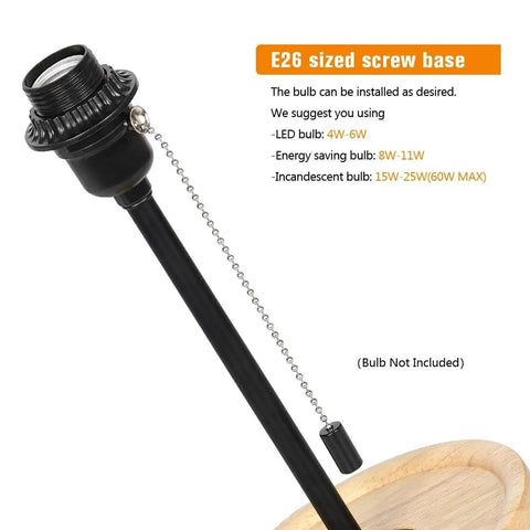 Close-up of E26 screw base for Modern Wood Base Table Lamp With Linen Shade For Nightstand And Desk Bedside Light