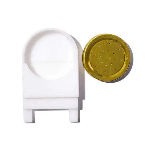 Bee Hive Entrance Feeder Kit With Lids, Two Pack Fits Small Mouth Canning Feeders, white feeder with gold lid, top view