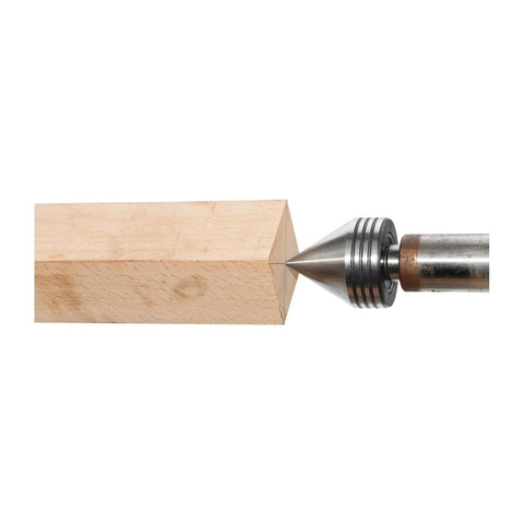 DEEFIINE MT2 live tailstock center for wood lathe, steel body with conical tip; side view contacting a wooden block