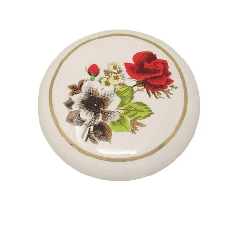Hand Painted Ceramic Cabinet Knobs Knockout Vintage Style Red Rose Design Six Piece Set For Kitchen Drawers And Dressers Buttery Smooth Glaze Finish, round knob with floral design.