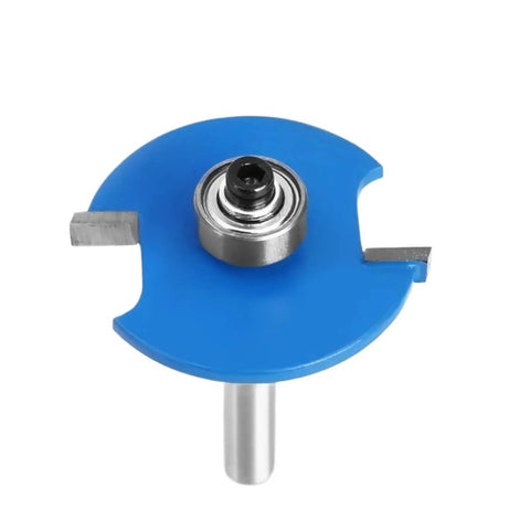 Kick Ass Biscuit Cutter Tool For T Slot Joinery With 6Mm And 6.35mm Shanks, blue cutter with steel bearing for woodworking tasks.