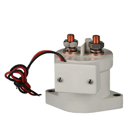 Heavy Duty High Voltage DC Contactor With 200A Solenoid Relay Switch And 12V To 84V Coil Options For EV Battery Cut Off And Solar Power Systems, close-up view showing terminals and wiring.
