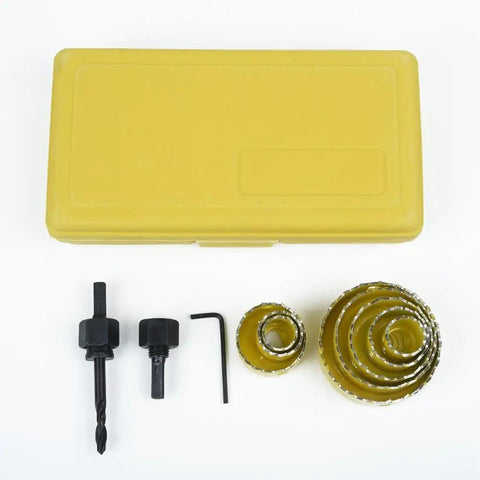 Heavy Duty 11 Piece Carbon Steel Hole Saw Set For Drilling Big Holes In Wood Metal Plastic And Sheet Alloy Fast Reliable Kit To Get The Job Done, yellow case and cutters