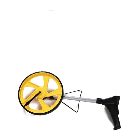 No Sweat Two Pack Foldable Digital Measuring Wheels With Remote Display For Straight Shots And Smooth Curves On Any Job Site Featuring A Rugged Telescopic Pole That Makes Big Builds Effortless, yellow wheel close-up.
