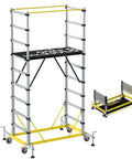 Heavy Duty Aluminum Scaffold Tower Ready To Roll Work Platform Adjustable Utility Scaffolding With Hatch Deck And Guard Rail 500 Pounds Capacity, showing adjustable frame and folding design.