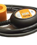 Automatic Float Switch Water Level Sensor With On Off Control For Tanks And Sumps, 10 Foot Cable, Adjustable Counterweight, Rugged Enclosure, The Do It All Pump Helper For Basement Flood Prevention And Tank Filling. Black float switch with 10 ft cable and orange counterweight.