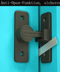 Close-up of a matte black heavy duty zinc alloy gate latch mounted on a blue door. Keyless 90 Degree Barn Door Lock Hardware With Night Light Mode Heavy Duty Zinc Alloy Matte Black Gate Latch For Garden Bathroom Outdoor Garage Window No Keys Needed.