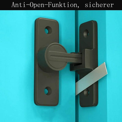 Close-up of a matte black heavy duty zinc alloy gate latch mounted on a blue door. Keyless 90 Degree Barn Door Lock Hardware With Night Light Mode Heavy Duty Zinc Alloy Matte Black Gate Latch For Garden Bathroom Outdoor Garage Window No Keys Needed.
