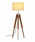 Vintage Teak Wood Tripod Floor Lamp with Chrome Finish 55 Inch Tall Nautical Inspired Rustic Modern Home Decor for Living Room or Den Shade Not Included Durable Steel and Aluminum Construction Unique Gift Idea