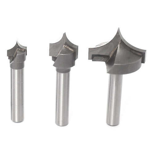 Four Piece One Quarter Inch Shank Roundover Plunge Router Bit Set With Three Eighths, Half And One Inch Cutting Diameters
