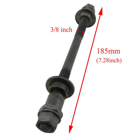 Rear Bicycle Hub Axle For Multi Speed Systems, 185mm 7.28in Length, Three Eighths Inch, Black Conical Lock Nut Washer Kit