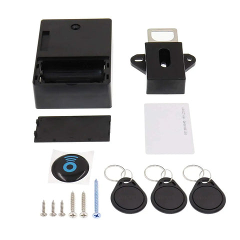 Components of Hidden RFID Electronic Cabinet Lock For Wooden Cabinets, Drawers, And Cupboards, Easy DIY Install, Black