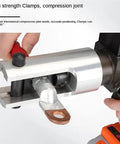 Portable Battery Powered Electric Hydraulic Cable Crimping Pliers With 360 Rotating Clamp For Copper And Aluminum Wire Terminals close-up of clamps in use.