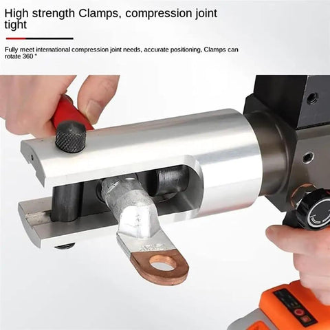 Portable Battery Powered Electric Hydraulic Cable Crimping Pliers With 360 Rotating Clamp For Copper And Aluminum Wire Terminals close-up of clamps in use.