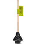 Heavy Duty Toilet Plunger Featuring Double Thrust Rubber Cup And Sturdy Wooden Handle Commercial Grade Drain Unclogger with black rubber dome.
