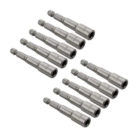 10 Piece Magnetic Nut Driver Set With 1/4 Inch Hex Shank Quick Change Adapter Compatible With Electric Drills and Battery Flashlights.