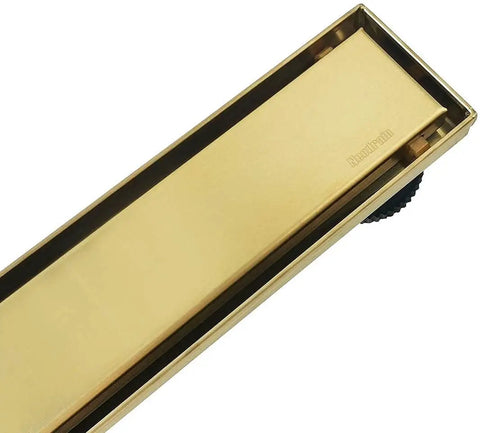Gold 28 Inch Linear Shower Drain With 2 In 1 Flat And Tile Insert Cover Stainless Steel Brushed Brass Rectangle Shower Floor Drain