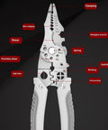 Rugged Stainless Steel Wire Stripper And Cable Cutter Pliers Quick Release Jaw Multitool with detailed labels and features.