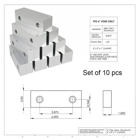 10 Set 20 Pieces Soft Jaws For 6 Inch Vise Aluminum Machinable Jaw Set 6 X 2 X 1 Inches Standard Vise Jaws diagram and details