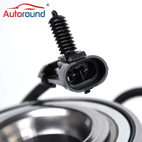 Close-up of Front Wheel Hub Bearing Assembly Kit 6 Lug 4WD AWD Drop In For 1999 To 2007 GM Trucks And SUVs Including Chevy Tahoe Silverado Suburban Express 1500 GMC Yukon Sierra Savana Cadillac Escalade ABS 2 Pack Replacement connector.