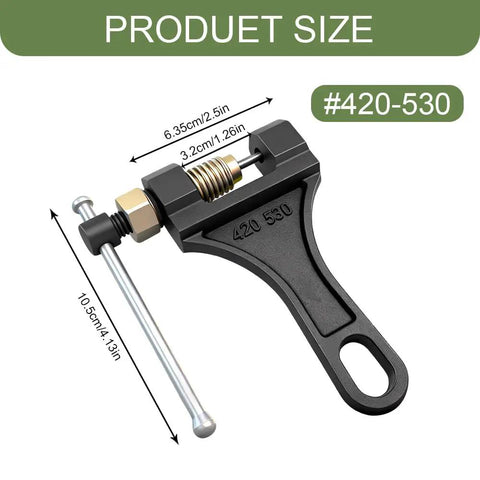 Heavy Duty Chain Breaker Tool For 420 428 520 525 528 530 Motorcycle Chain Link Removal Universal Fit For Go Kart Mini Bike Dirt Bike And ATV Built To Last Durable Metal Construction, dimensions shown with tool close-up.