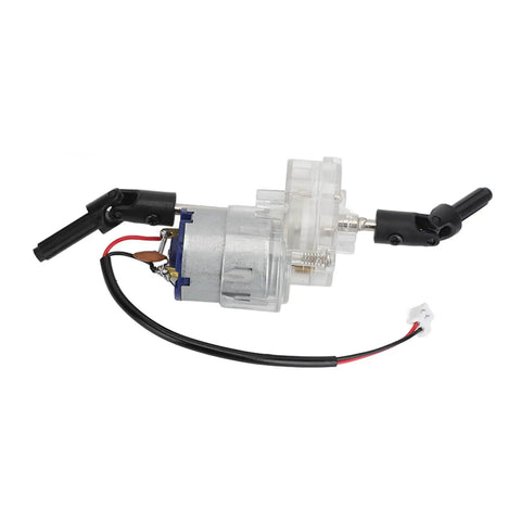 Badass Hella Quiet 260 Motor Gearbox Replacement For RC Cars Featuring Dual Ball Bearings Super Tight Low Noise Transmission Fits MN90 MN90K And MN91 Lineup Performance Mods side view showing motor, clear casing and dual ball bearings.