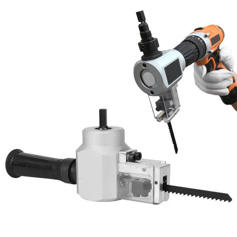 Dual Head Sheet Metal Cutter Nibbler Drill Attachment Kit with wrench attached to an electric drill, showing its cutting blade.