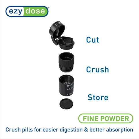 Two In One Pill Crusher And Cutter With Built In Storage Travel Ready Stainless Steel Blade Removable Drinking Cup BPA Free Black