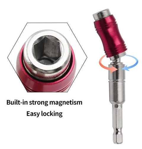 Close-up of pivoting 1/4” magnetic bit tip holder in red anodized aluminum; side view shows 20° bend for tight spots.