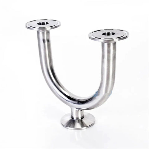 1.5 Inch Tri Clamp U Sweep Bend Pipe 3 Way Tee Tube Fitting Fabricated From Grade 304 Stainless Steel For Homebrew And Distilling Kits, showing dual openings.