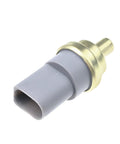 Close-up of A-Premium engine coolant temperature sensor, grey plastic body with brass collar.