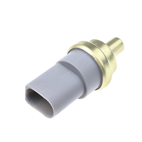 Close-up of A-Premium engine coolant temperature sensor, grey plastic body with brass collar.