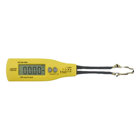 Digital Multimeter With LED Clip Probes For Non Solder Testing, yellow tool showing display with attached test clips for PCB repair