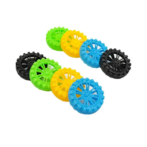 Colored wheels from the 40 Pc Plastic Vehicle Wheels With 20 Pc Metal Axles For RC Cars Trucks Drones Robots Helicopters Diy Model Toys Building Accessories Mix Colors 1.38 Inch Diameter Wheels And 3.94 Inch Long Shafts set