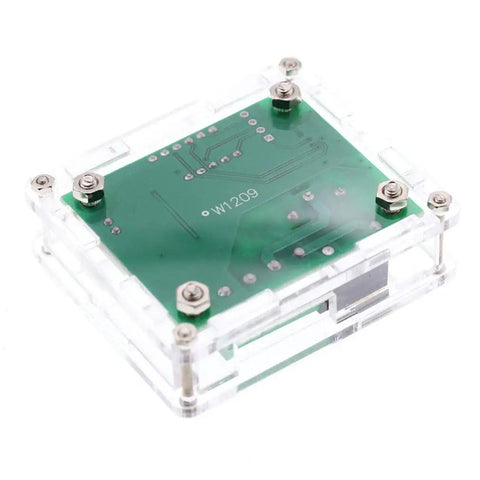 Back view of Two Pack W1209 Digital Temperature Controller With Case 12V DC Thermostat Module in clear case, showing circuit board.