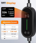 TFT display of Plug And Play Portable EV Charger Level 1 And 2, showing charging status and adjustable current settings.
