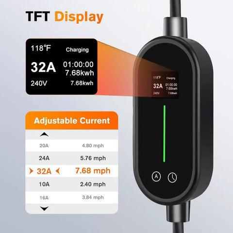 TFT display of Plug And Play Portable EV Charger Level 1 And 2, showing charging status and adjustable current settings.