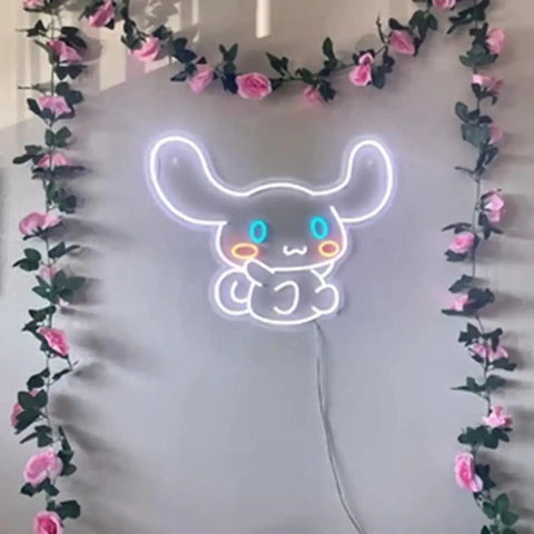 Blue Anime Neon Sign LED Tube Night Light For Wall Decor, 21x15.6 Inch in cartoon shape surrounded by pink roses