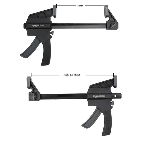 Front view of Six Piece Easy To Use One Handed Trigger Clamp Set With Four Inch And Six Inch Clamps In Black And Grey Includes Two Four Inch Clamps And Four Six Inch Clamps Built Tough In Durable Nylon With Hardened Steel Bars And Non Marring Grippy Pads, highlighting 6-inch clamp.
