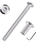 Twelve Pack Heavy Duty 1/4-20 By 3-1/2 Inch Flat Head Hex Socket Cap Screws paired with barrel nuts and hex spanner displayed for assembly.