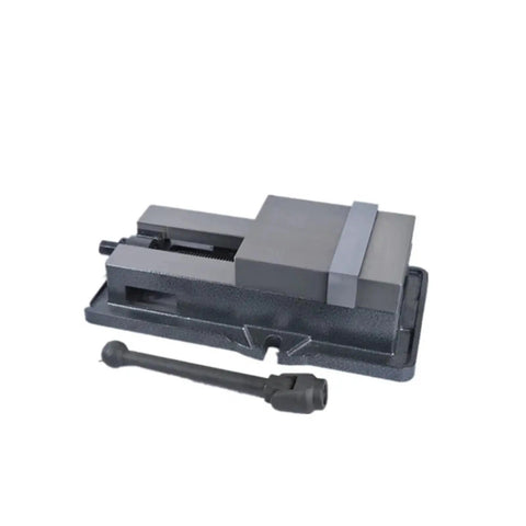 Heavy Duty CNC Precision Machine Vise For Milling Tables Featuring Rock Solid Steel Build with flat nose jaws and handle.