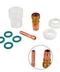 Stout 9-Piece TIG Welding Accessories Kit With #12 Glass Cup For WP-17 And WP-18 Torch includes glass cup, collet, insulators, and rings.