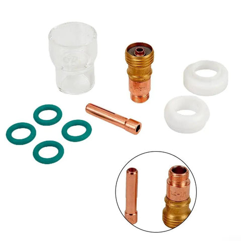 Stout 9-Piece TIG Welding Accessories Kit With #12 Glass Cup For WP-17 And WP-18 Torch includes glass cup, collet, insulators, and rings.