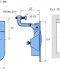 Technical drawing of Heavy Duty Compression Latch 35mm Flush Mount Panel Lock, showing measurements and assembly details.