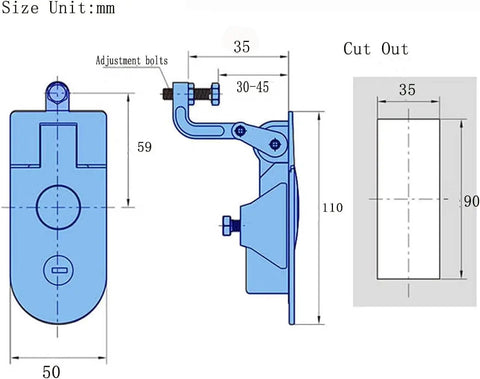 Technical drawing of Heavy Duty Compression Latch 35mm Flush Mount Panel Lock, showing measurements and assembly details.