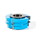 Carbide Tipped 3 Wing Glue Joint Router Bit For Cabinetry And Joinery, SC617, Diameter Two And Thirteen Sixteenths Inches, Cutting Height One And Three Sixteenths Inches, Bore One And One Quarter Inches, Shank Three Eighths Inch displayed from side angle, showcasing carbide tips and blue body.